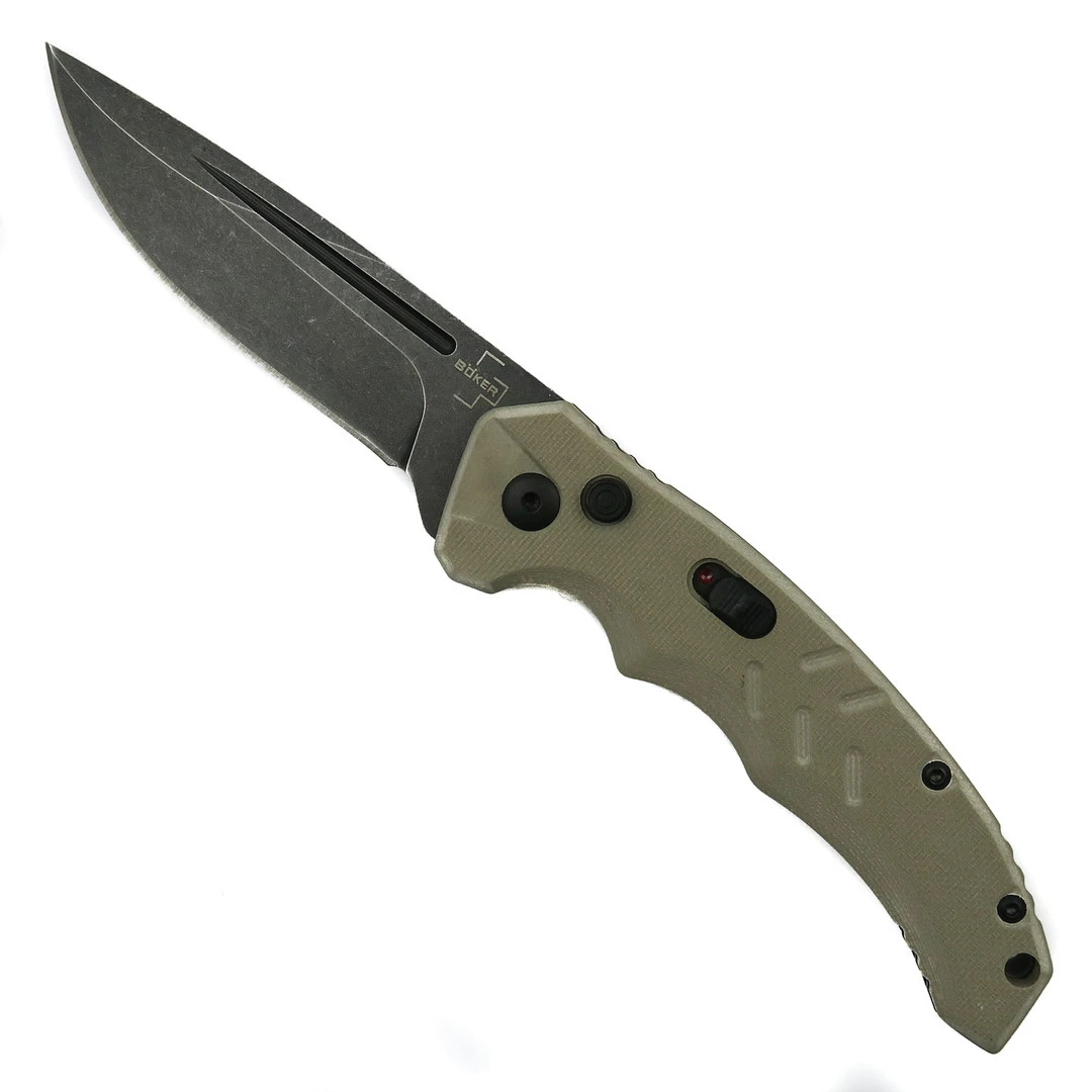 Boker Plus Coyote Brown Intention II Auto Knife, Dark Stonewash D2 Blade 1 Boker Plus Coyote Brown Intention II Auto Knife, Dark Stonewash D2 Blade