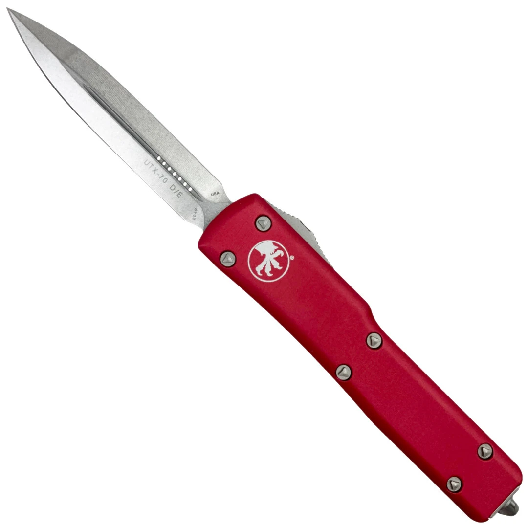 Microtech Red UTX70 OTF Knife, Double Edge Stonewash Finish 1 Microtech Red UTX70 OTF Knife, Double Edge Stonewash Finish