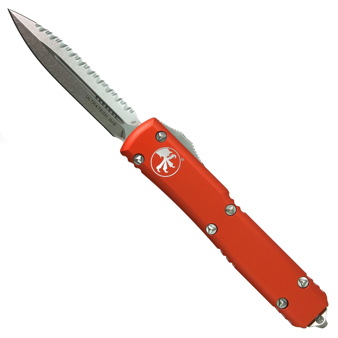 Microtech 122-12OR Orange Contoured Ultratech D/E OTF Auto Knife, Double Edge Serrated Stonewash Blade 1 Microtech 122-12OR Orange Contoured Ultratech D/E OTF Auto Knife, Double Edge Serrated Stonewash Blade