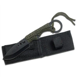 Survivor Knives HK-735 Army Green Finger Ring Paracord Fixed Blade Knife & Fire Starter, Black Blade