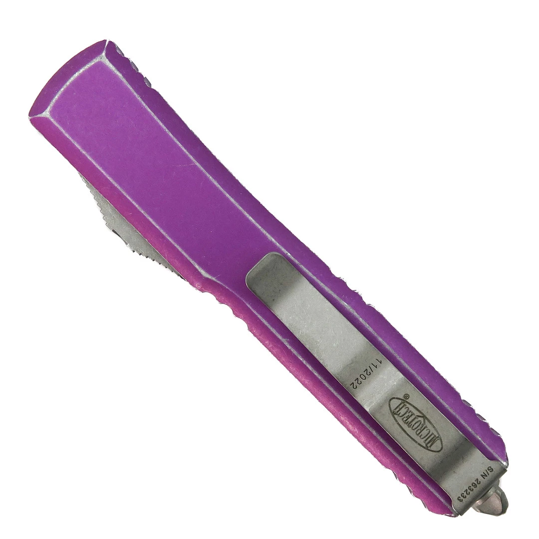 Microtech Distressed Violet Ultratech OTF Auto Knife, Apocalyptic Blade 2 Microtech Distressed Violet Ultratech OTF Auto Knife, Apocalyptic Blade - Image 2