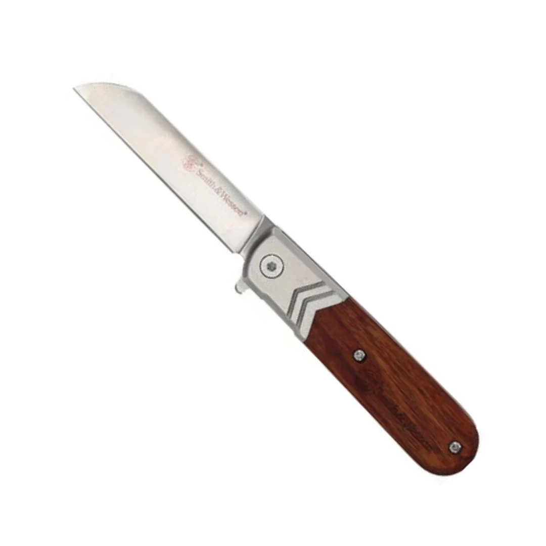 Smith & Wesson Wood Handle Executive Barlow Spring Assisted Flipper Knife, Satin Blade 1 Smith & Wesson Wood Handle Executive Barlow Spring Assisted Flipper Knife, Satin Blade