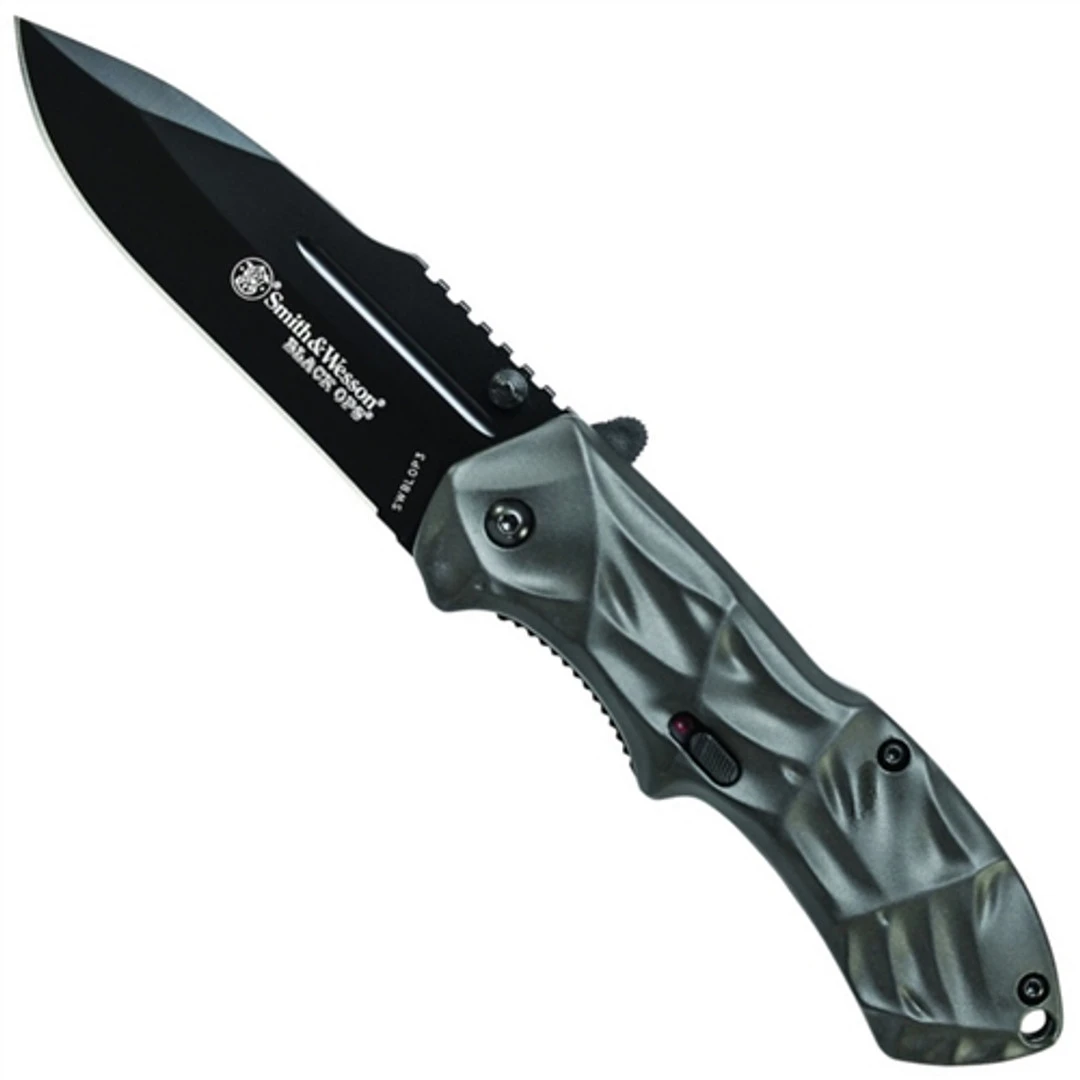 Smith & Wesson Black Ops Spring Assist Knife, Grey Handle, Tactical Black Drop Point, SWBLOP3 1 Smith & Wesson Black Ops Spring Assist Knife, Grey Handle, Tactical Black Drop Point, SWBLOP3
