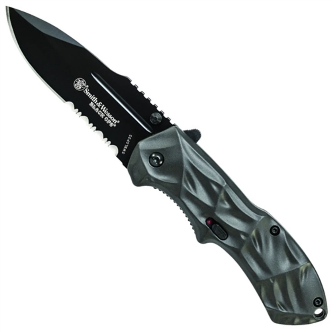 Smith & Wesson Black Ops Spring Assist Knife, Grey Handle, Tactical Black Drop Point, P/S, SWBLOP3S 1 Smith & Wesson Black Ops Spring Assist Knife, Grey Handle, Tactical Black Drop Point, P/S, SWBLOP3S