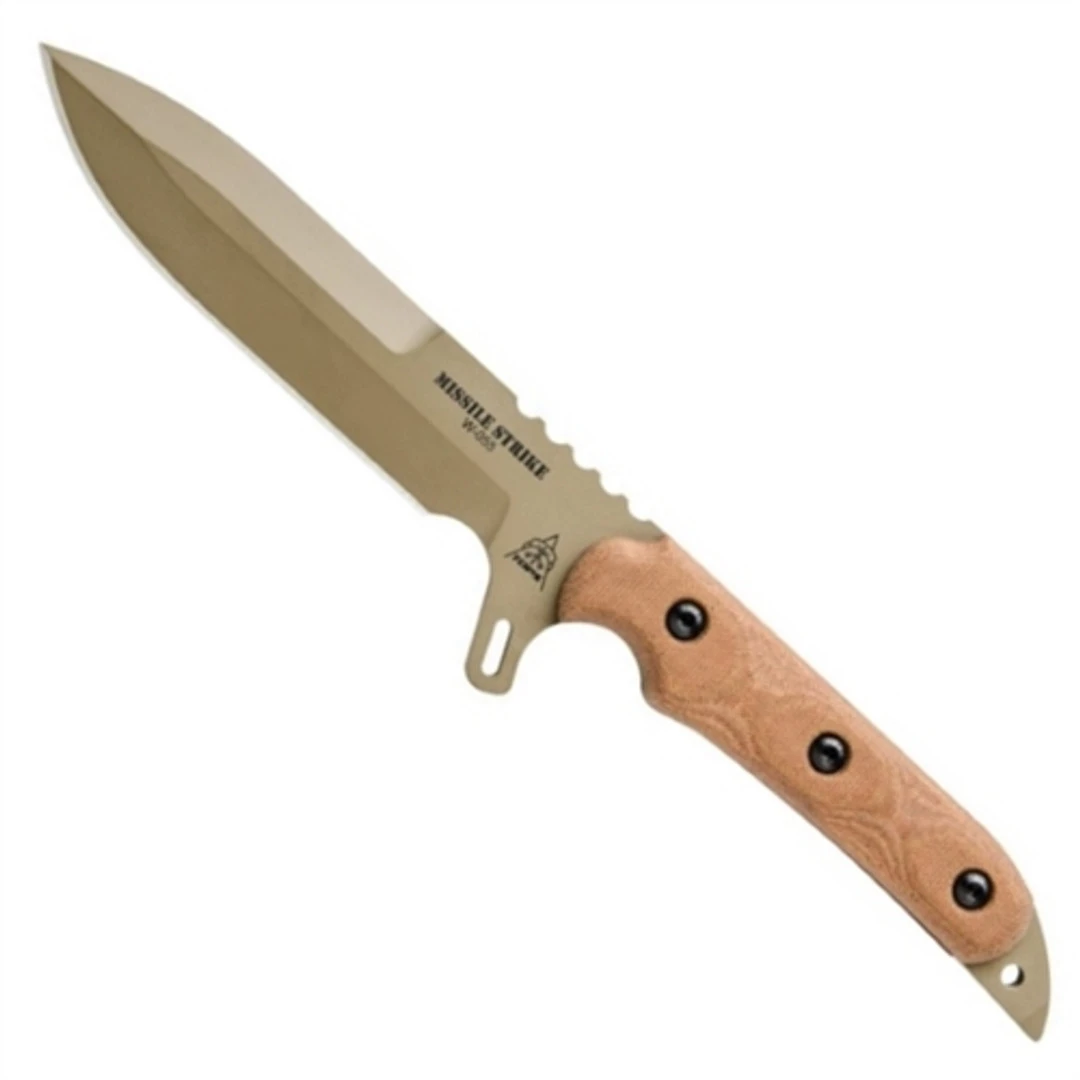 TOPS Knives TOPS MISS-01 Tan Missile Strike Micarta Fixed Blade Knife, 1095 Carbon Coyote Tan Blade 1 TOPS Knives TOPS MISS-01 Tan Missile Strike Micarta Fixed Blade Knife, 1095 Carbon Coyote Tan Blade